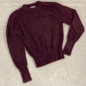Zara Burgundy Plum Cozy Fuzzy Soft Stretchy Crew Neck Knit Faux Fur Sweater M